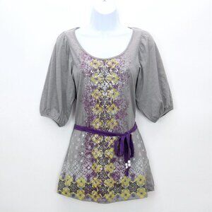 Self Esteem Size S Womens Waist Tie Rory Sleeve Boho Style Tee Top Gray Purple